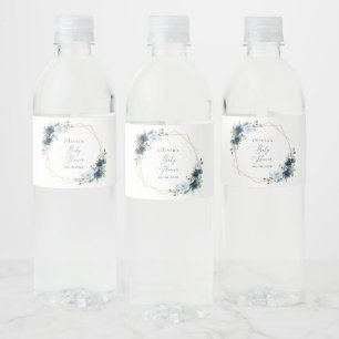 Navy Flowers, Blue Flowers, Greenery, Baby Shower Water Bottle Label