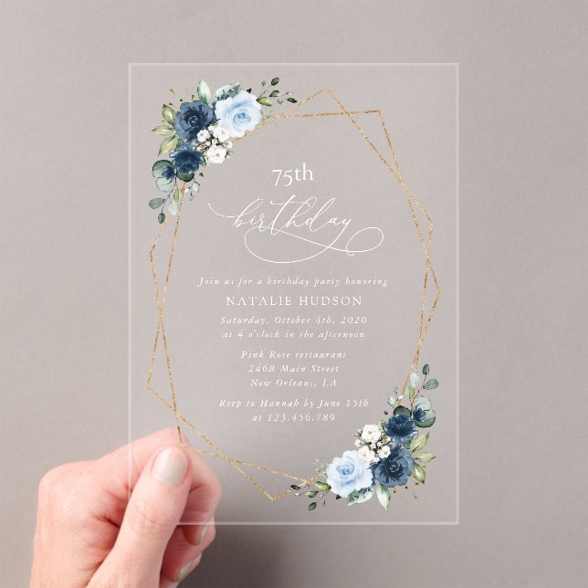 Navy Flowers, Blue Flowers, Greenery, Birthday Acrylic Invitations (Insitu (Handheld))