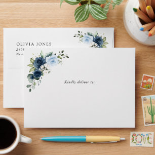 Navy Flowers, Blue Flowers, Greenery, Birthday Envelope
