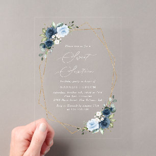 Navy Flowers, Blue Flowers, Greenery, Sweet 16 Acrylic Invitations