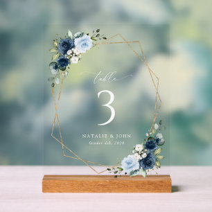 Navy Flowers, Blue Flowers, Wedding Table Numbers Acrylic Sign