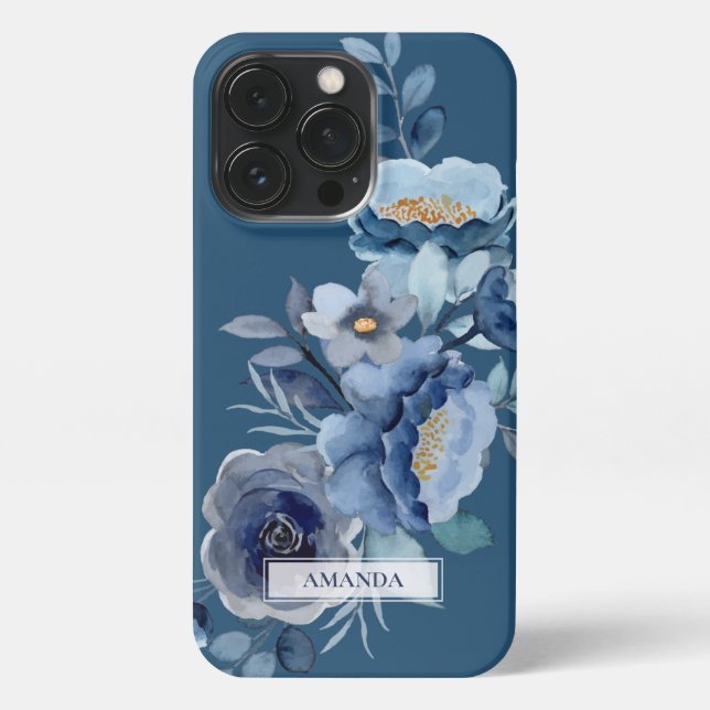 Navy Flowers | Blue Personalized Name iPhone Case (Back)