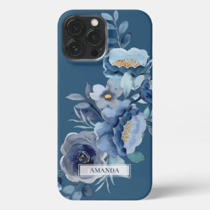 Navy Flowers   Blue Personalized Name iPhone 13 Pro Max Case
