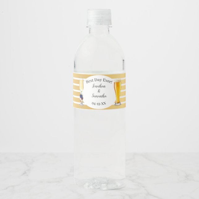 Navy Flowers Gold Bubbles & Brews Wedding Water Bottle Label (Front)