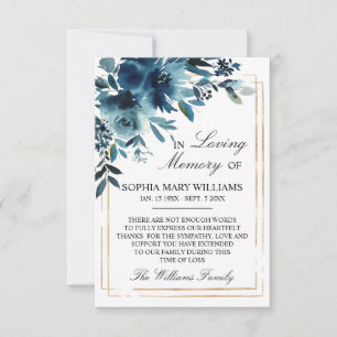 Navy Flowers & Gold Sympathy Memory Thank You Card