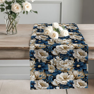 Navy Flowers Ivory Dining Table Runner