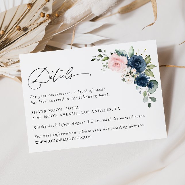 Navy Flowers, Pink Flowers, Floral Wedding Details Enclosure Card (Creator Uploaded)