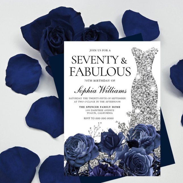 Navy Flowers & Silver Diamond Dress 70th Birthday Invitation (Creator Uploaded)