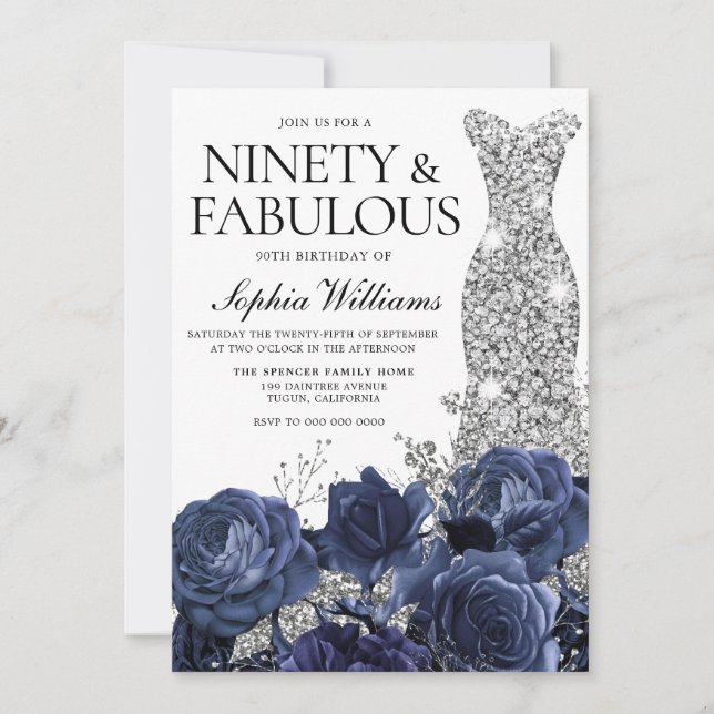 Navy Flowers & Silver Diamond Dress 90th Birthday Invitation (Front)
