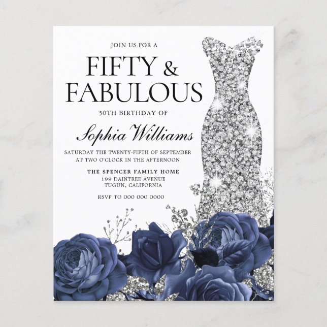 Navy Flowers Silver Dress 50th Birthday Invitation (Front)