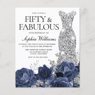 Navy Flowers Silver Dress 50th Birthday Invitation