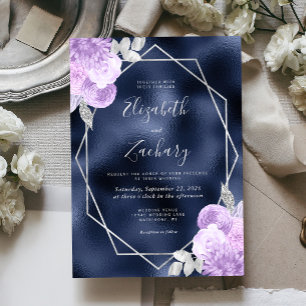 Navy Foil Lilac Silver Floral Wedding Invitation
