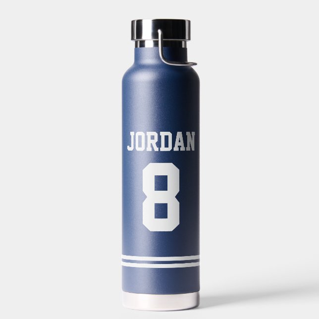 Navy Football Jersey with Custom Name and Number Water Bottle (Left)