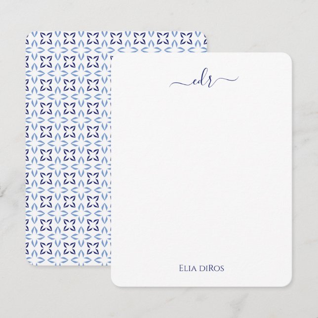 Navy, French Blue & White Monogram Note Card (Front/Back)