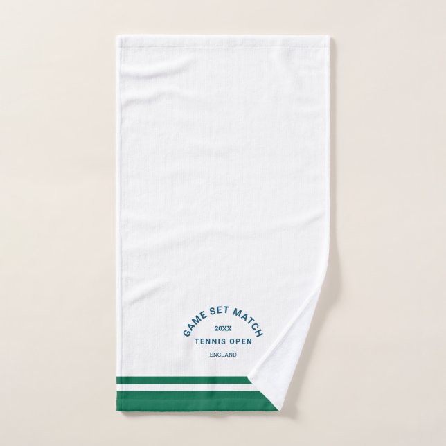 Navy Game Set Match Crest Green Stripe Tennis Hand Towel (Hand Towel)