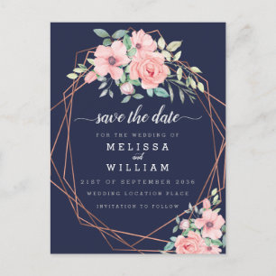 Navy Geometric Copper Floral Wedding Save the Date Announcement Postcard