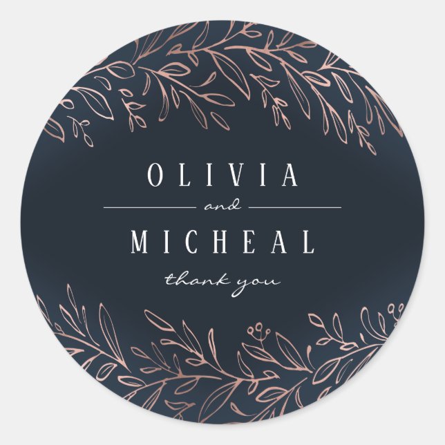 Navy gilded rose gold botanical elegant wedding classic round sticker (Front)