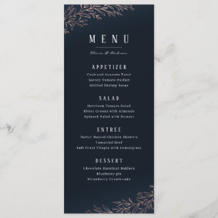 Navy gilded rose gold botanical elegant wedding menu