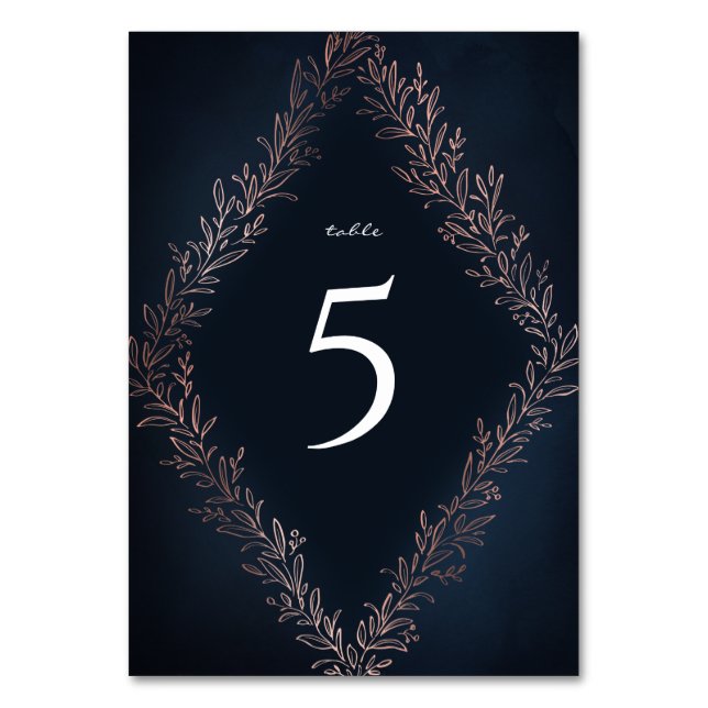 Navy gilded rose gold botanical elegant wedding table number (Front)