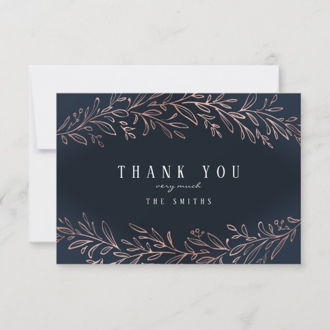 Navy gilded rose gold botanical foliage thank you card (Front)