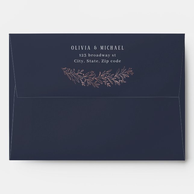 Navy gilded rose gold botanical return address envelope (Back (Top Flap))