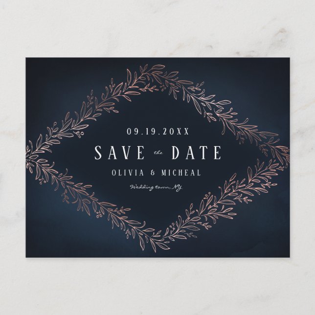 Navy gilded rose gold botanical save the date announcement postcard (Front)