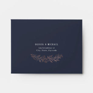 Navy gilded rose gold botanical wedding RSVP Envelope