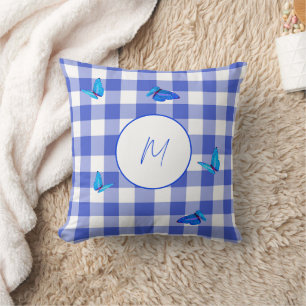  Navy Gingham Butterfly Elegant Monogram Throw Pillow