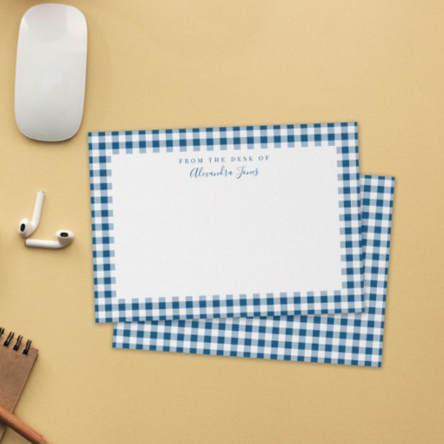 Navy Gingham Check Personal Stationery Note Card (navy blue and white gingham check patterned flat note card stationery with personalized name text)