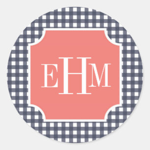 Navy Gingham Classic Round Sticker