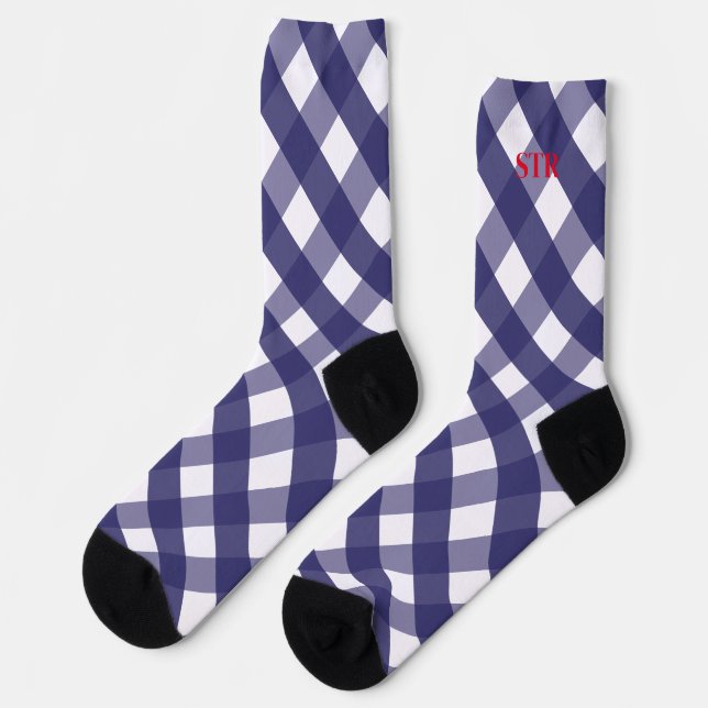 Navy Gingham Monogrammed Pattern Socks (Left)