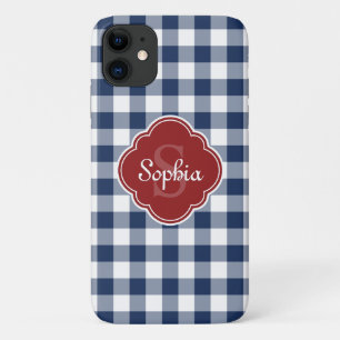 Navy Gingham Red Quatrefoil Monogram iPhone 11 Case