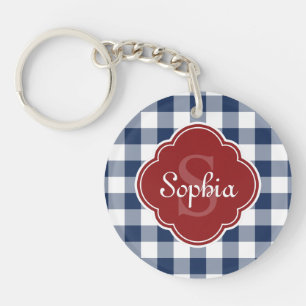 Navy Gingham Red Quatrefoil Monogram Keychain