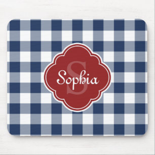 Navy Gingham Red Quatrefoil Monogram Mouse Pad