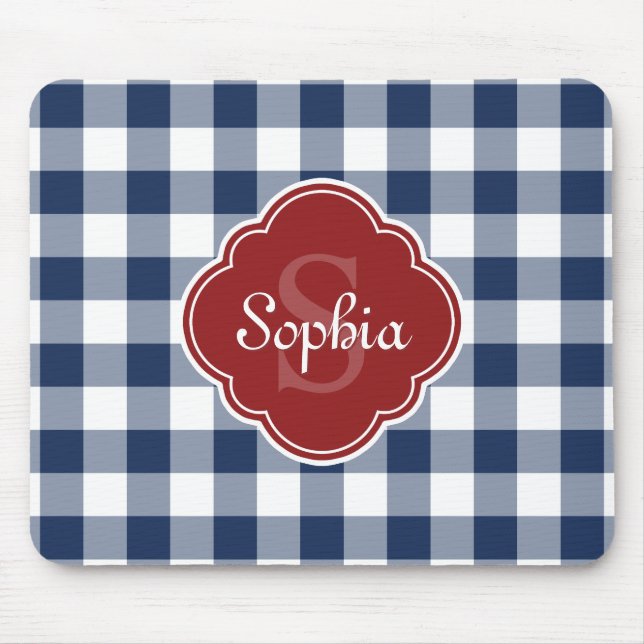 Navy Gingham Red Quatrefoil Monogram Mouse Pad (Front)