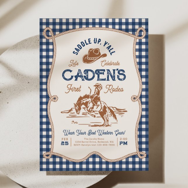 Navy Gingham Rope Rodeo Invitation (Creator Uploaded)
