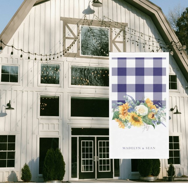 Navy Gingham Sunflowers Personalized Names Wedding Napkin (Creator Uploaded)