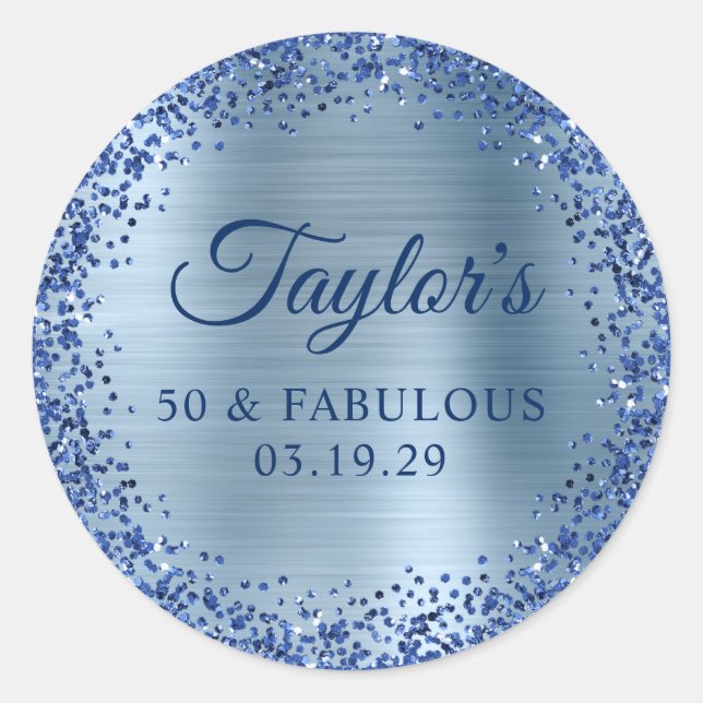 Navy Glitter Light Blue Foil 50 & Fabulous Classic Round Sticker (Front)