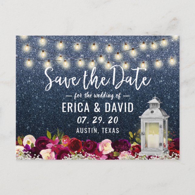 Navy Glitter Rustic Lantern Flowers Save the Date Announcement Postcard (Front)
