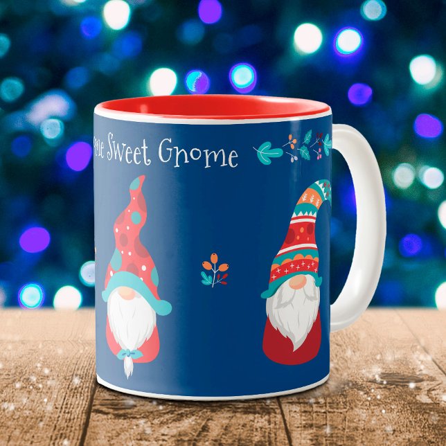 Navy Gnome Sweet Gnome Cute Modern Simple Holiday Two-Tone Coffee Mug (Creator Uploaded)