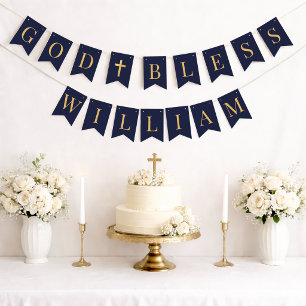 Navy God Bless 7 Letters Gold Baptism Communion Bunting Flags