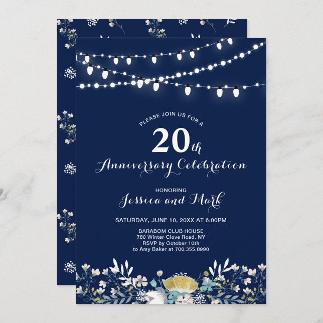 Navy & Gold 20th Wedding Anniversary Invitation (Front/Back)