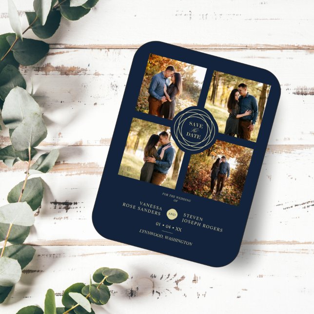 Navy Gold 4 Photos Modern Collage Wedding Script Magnet (Creator Uploaded)