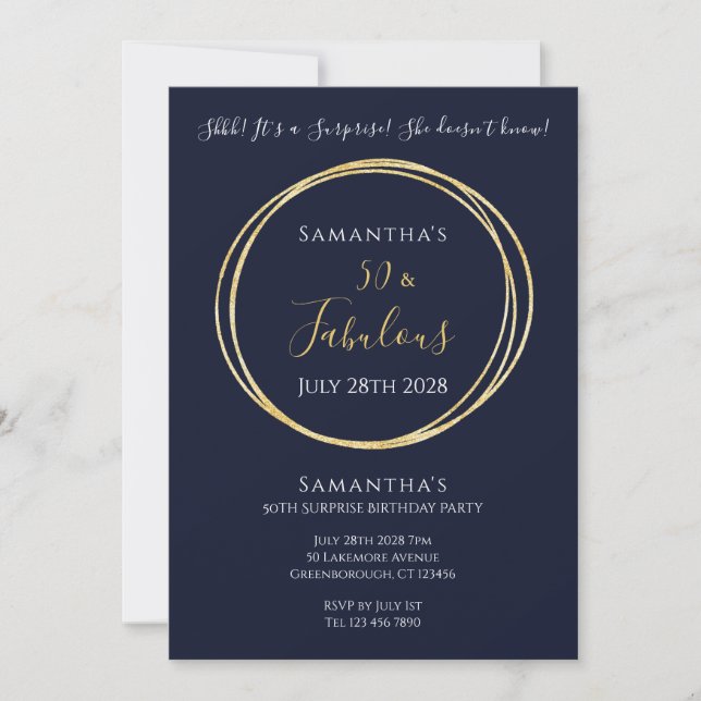  Navy Gold 50th Surprise Birthday Party  Invitation (Front)