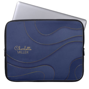 Navy-Gold Abstract Lines with Custom Name Laptop Sleeve