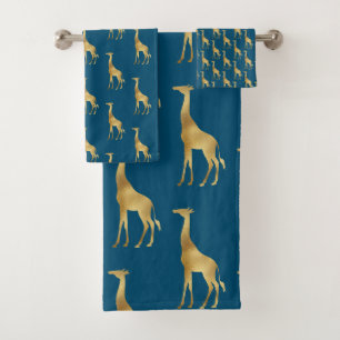 NAVY GOLD AFRICAN GIRAFFE WHITE BATHROOM TOWEL SET