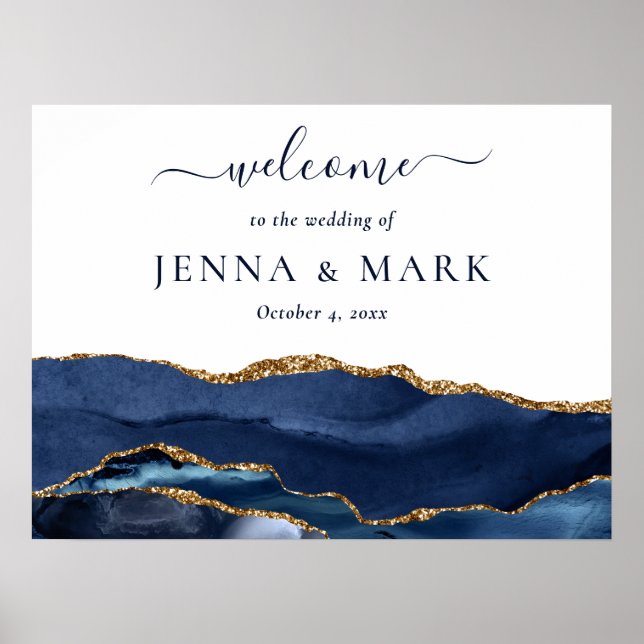 Navy Gold Agate Geode Marble Wedding Poster (Front)