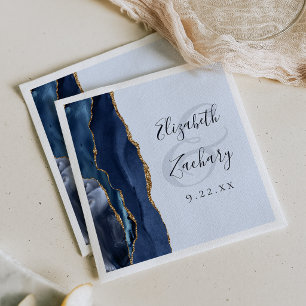 Navy Gold Agate Pale Blue Wedding Napkin