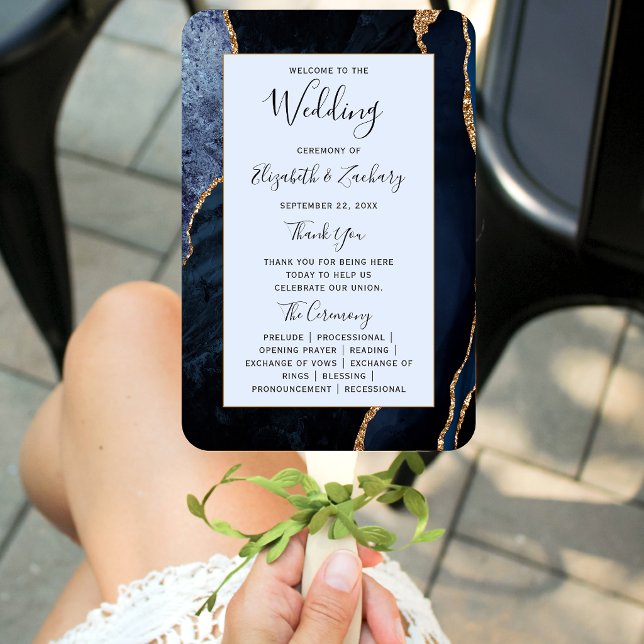 Navy Gold Agate Pale Blue Wedding Program Hand Fan (Creator Uploaded)