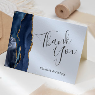 Navy Gold Agate Pale Blue Wedding Thank You Card